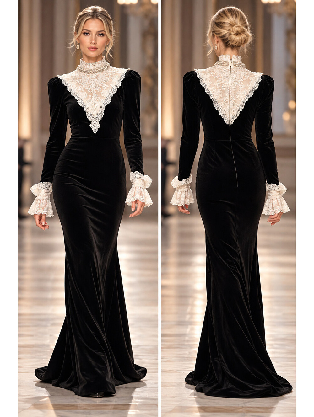 $5,400 Badgely Mischka Couture Modest Black Velvet Lace Pearl Victorian Gown  4
